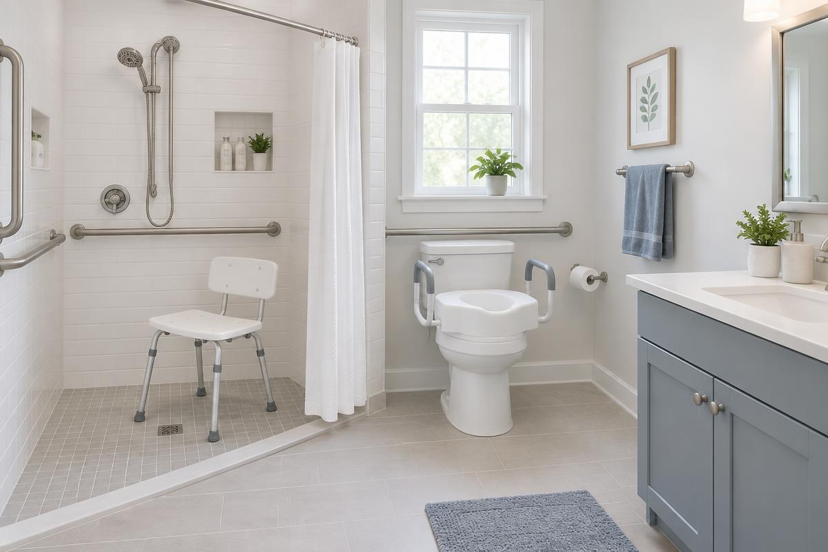 A bright bathroom with grab bars, a shower chair and a raised toilet seat