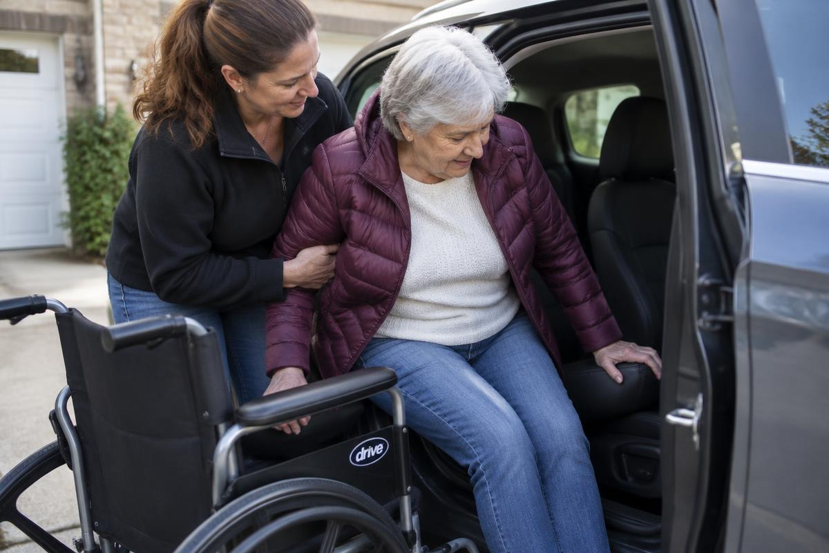 A daughter helping her mother transfer from a wheelchair into a car seat