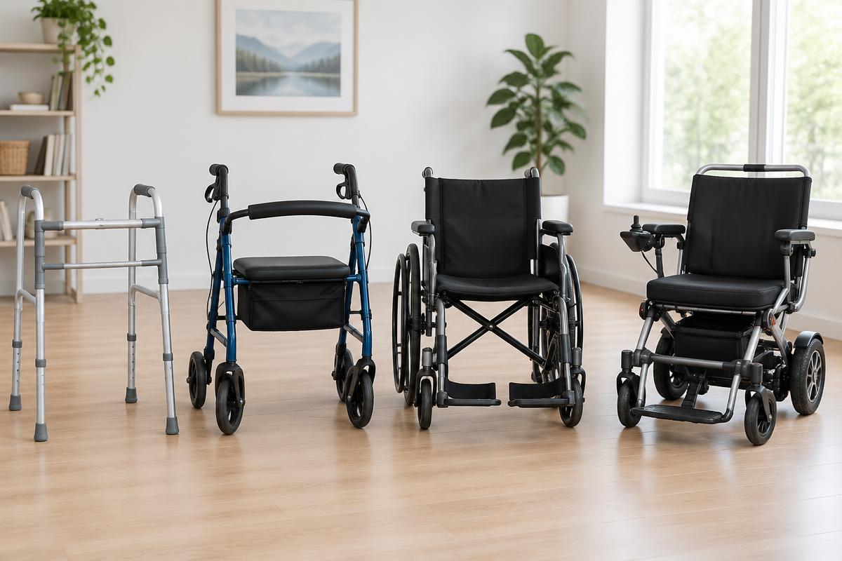 A walker, rollator, manual wheelchair and folding power wheelchair lined up side by side