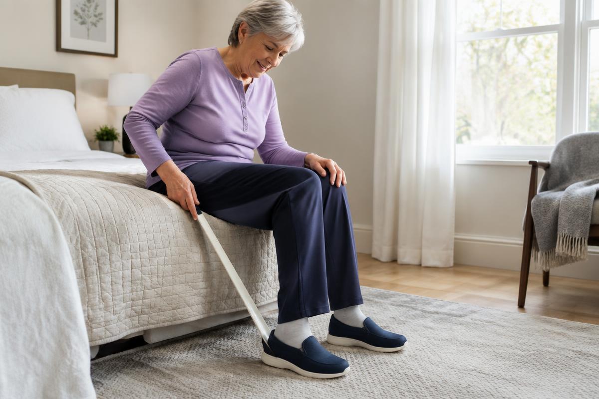 An older woman sitting on her bed slipping on shoes with a long shoe horn