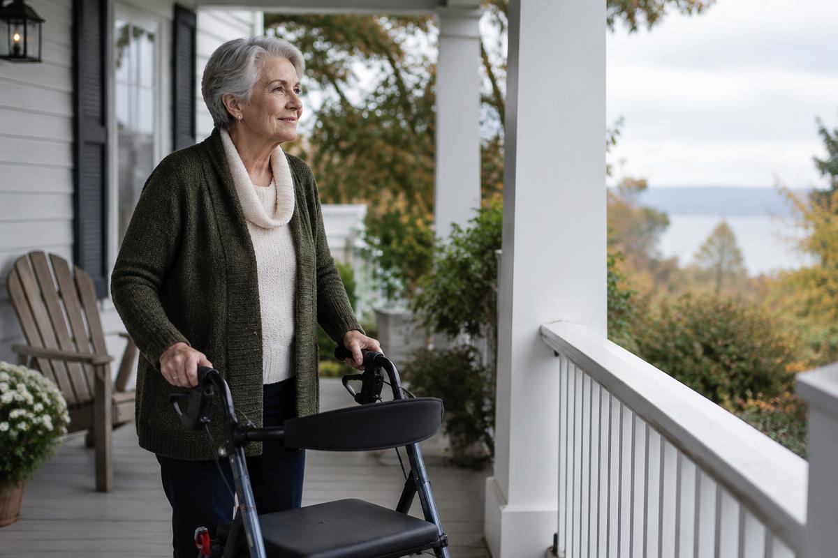 A thoughtful older woman with a rollator standing on her porch
