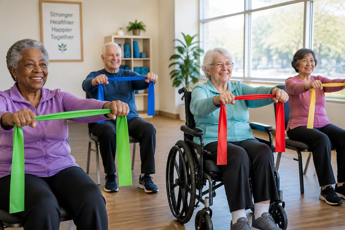 A group of older adults doing seated resistance band exercises, one in a wheelchair