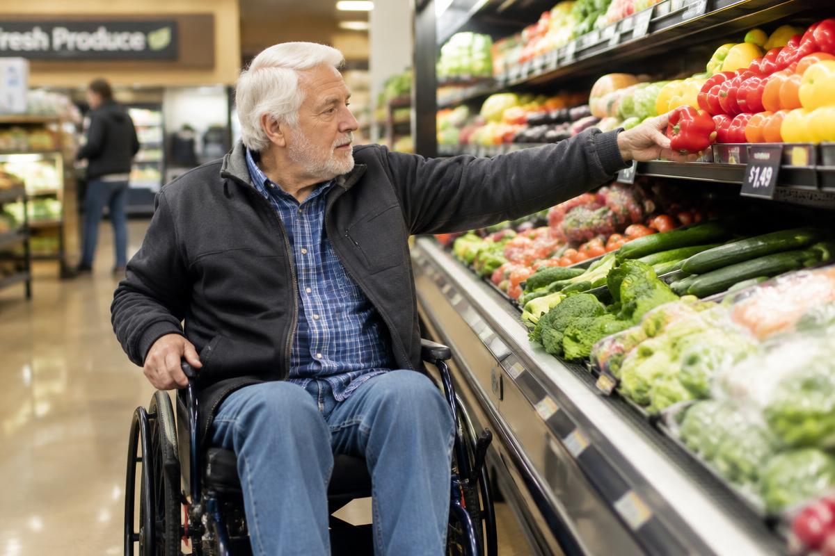 An older man in a wheelchair reaching for a pepper in a grocery produce aisle