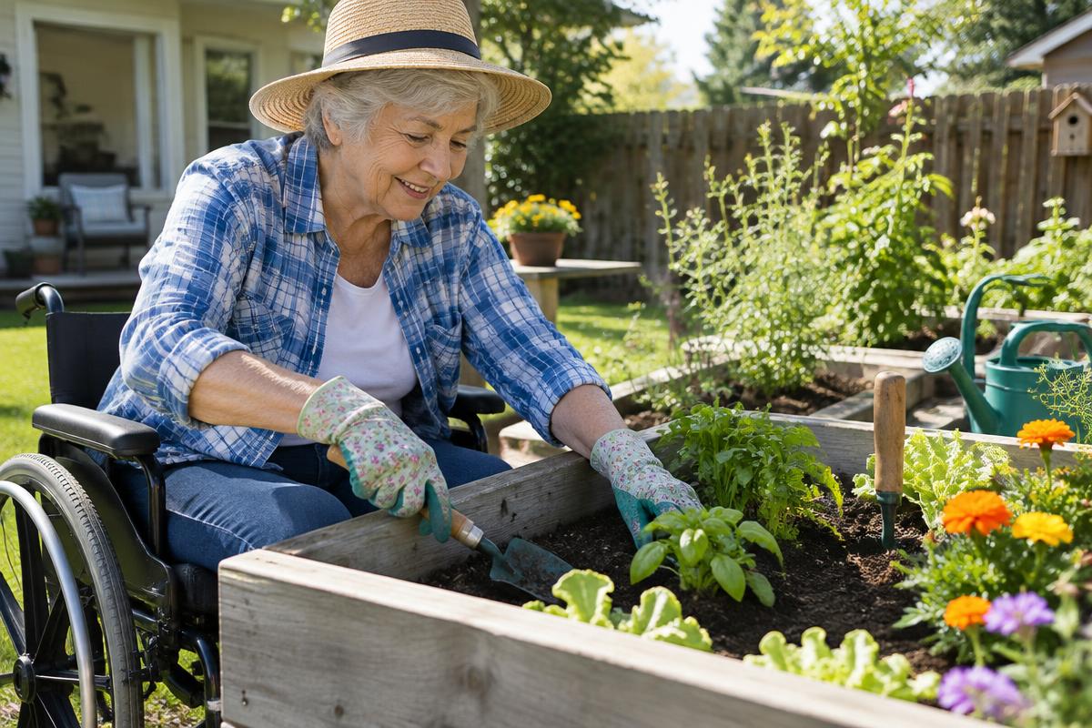 An older woman in a wheelchair gardening at a raised garden bed