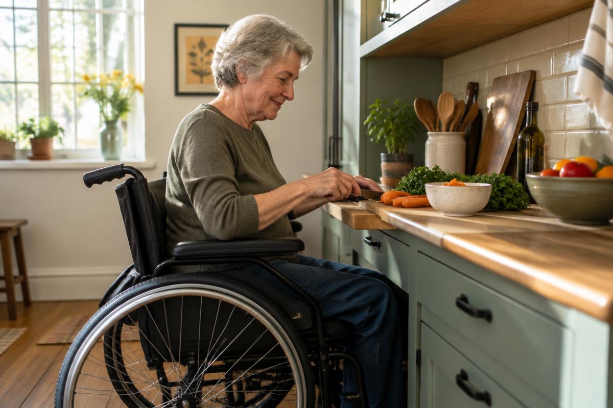 An older woman in a wheelchair chopping vegetables at a kitchen counter
