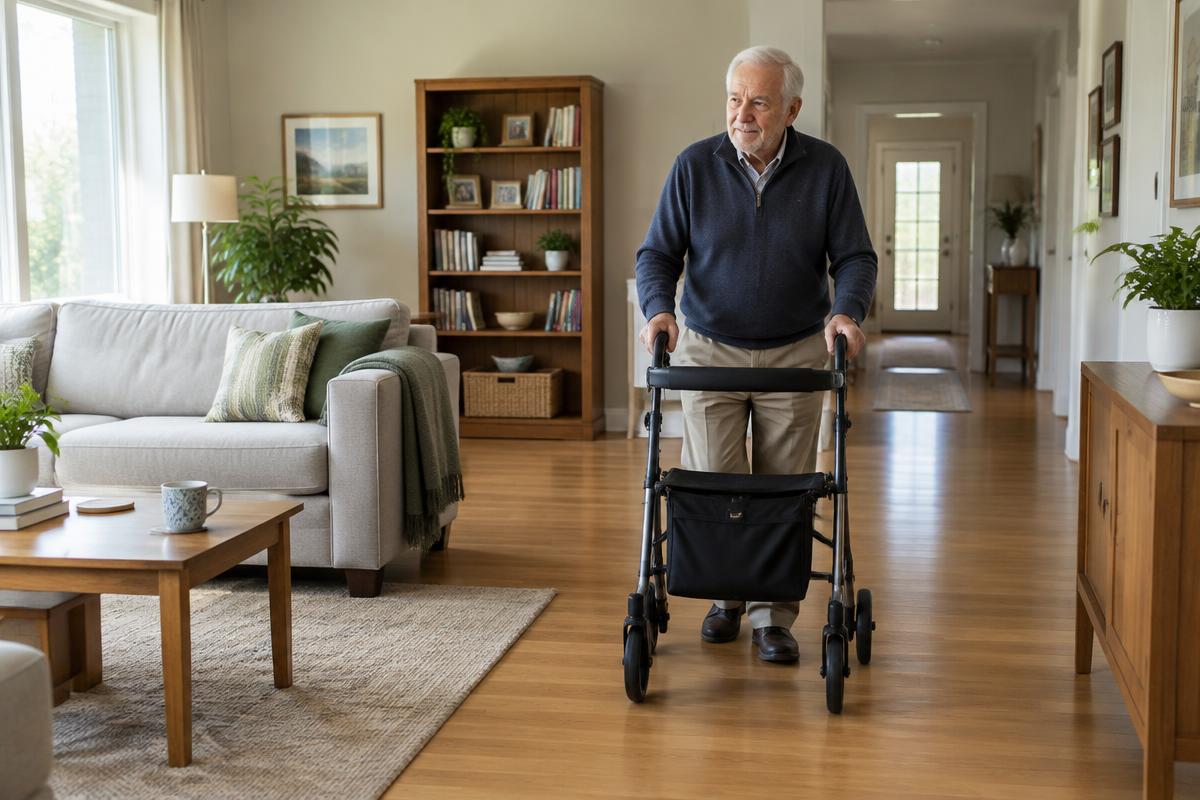 An older man walking with a rollator through a tidy living room with a wide clear path
