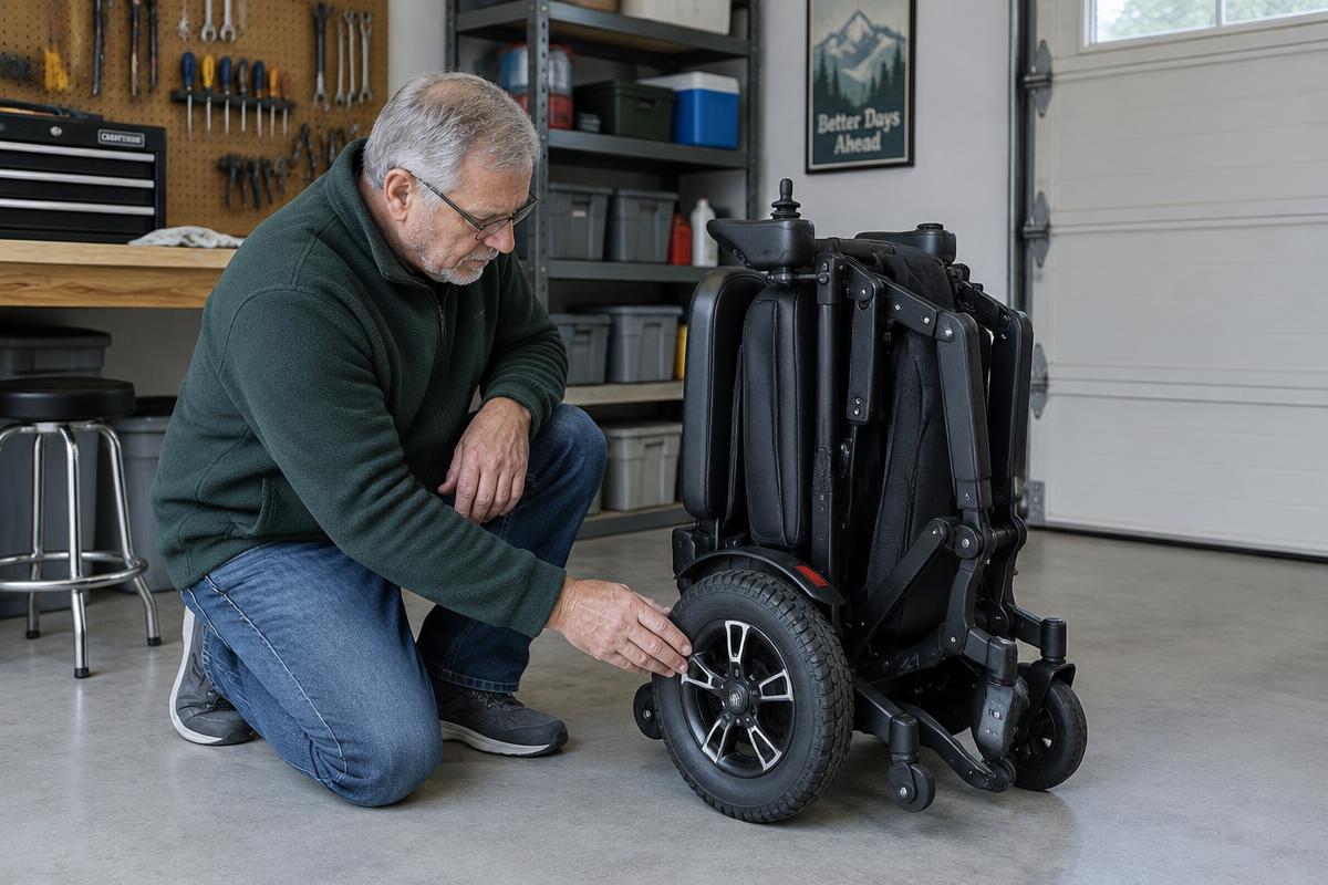 An older man checking the wheel of a folded power wheelchair in his garage