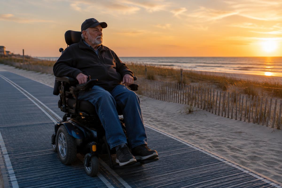 An older man in a power wheelchair on a beach access mat at sunset