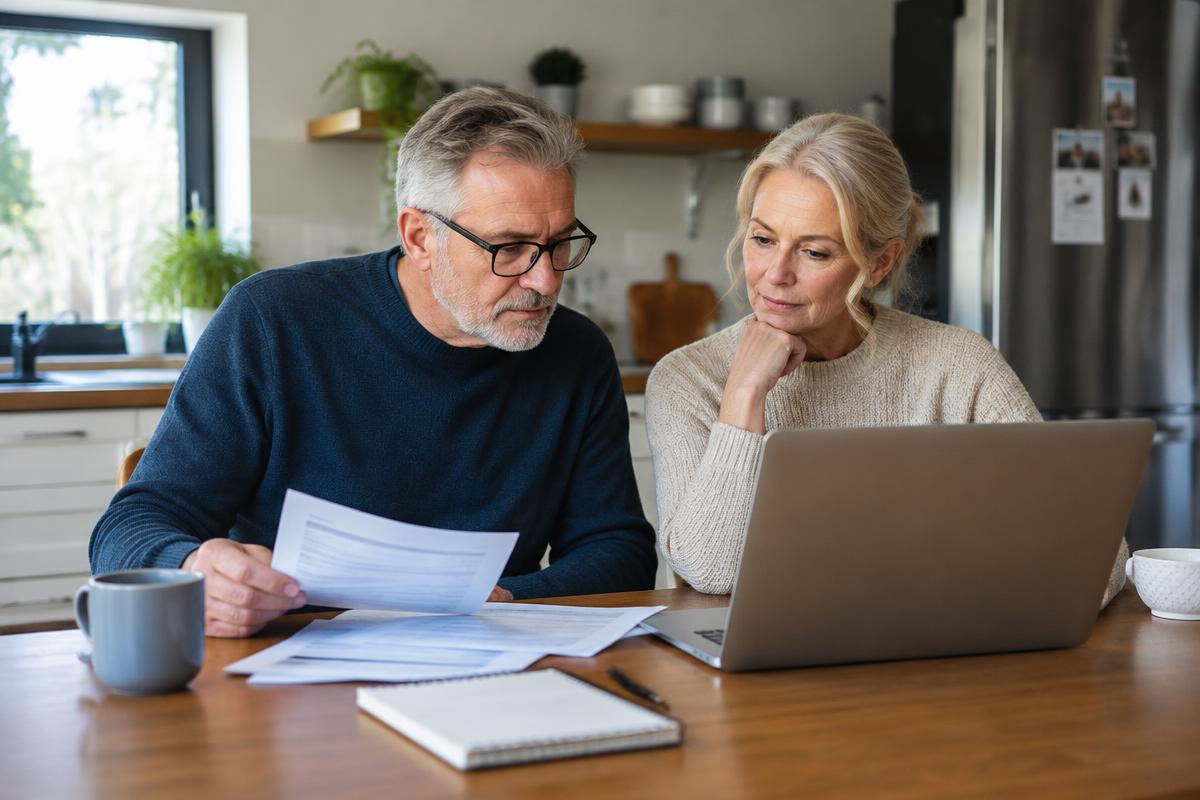 An older couple reviewing paperwork and a laptop at the kitchen table