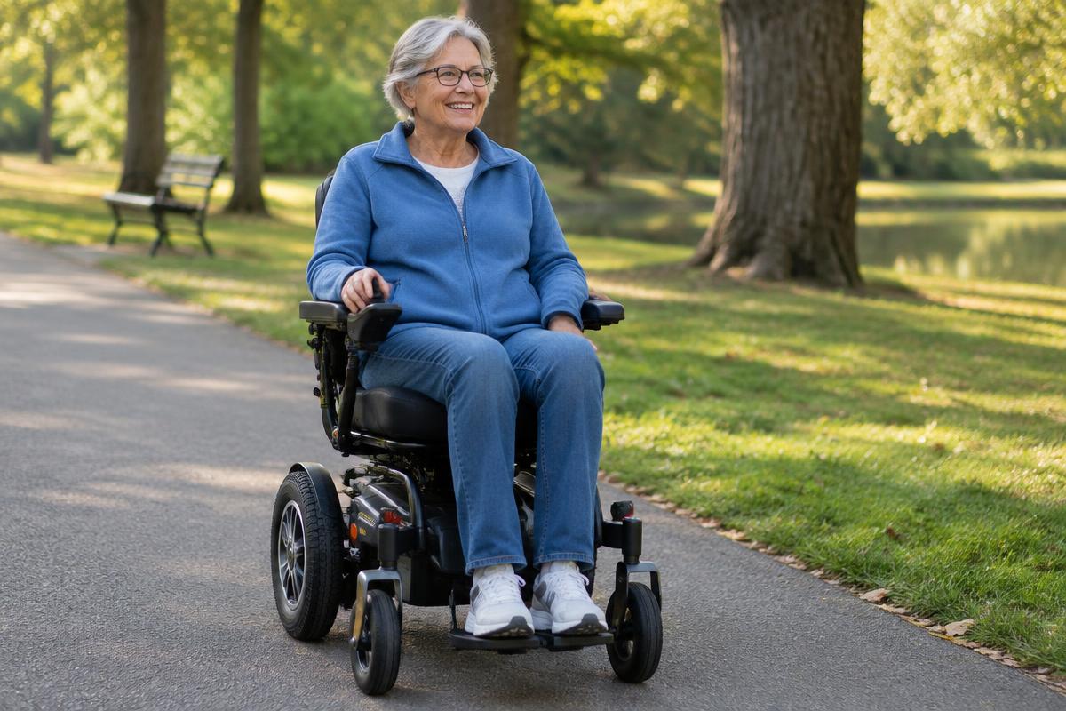 A smiling older woman driving a power wheelchair along a park path