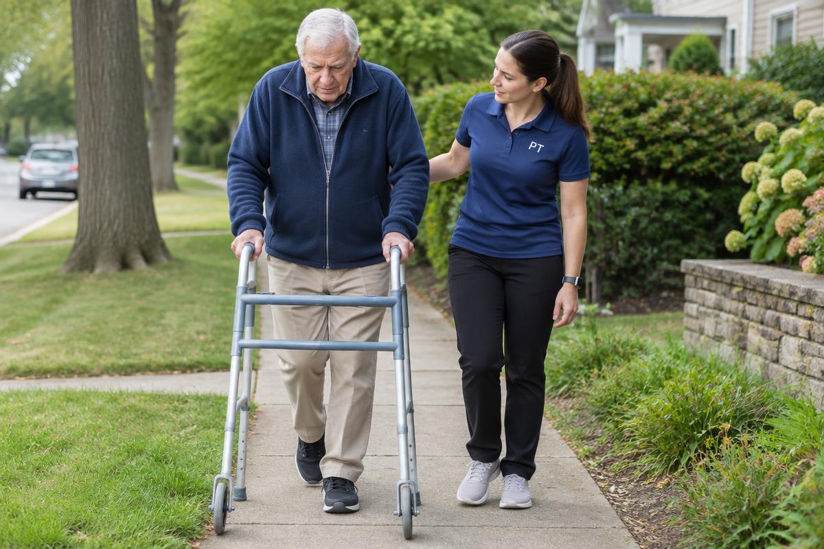 An older man walking with a standard walker on a sidewalk beside a physical therapist