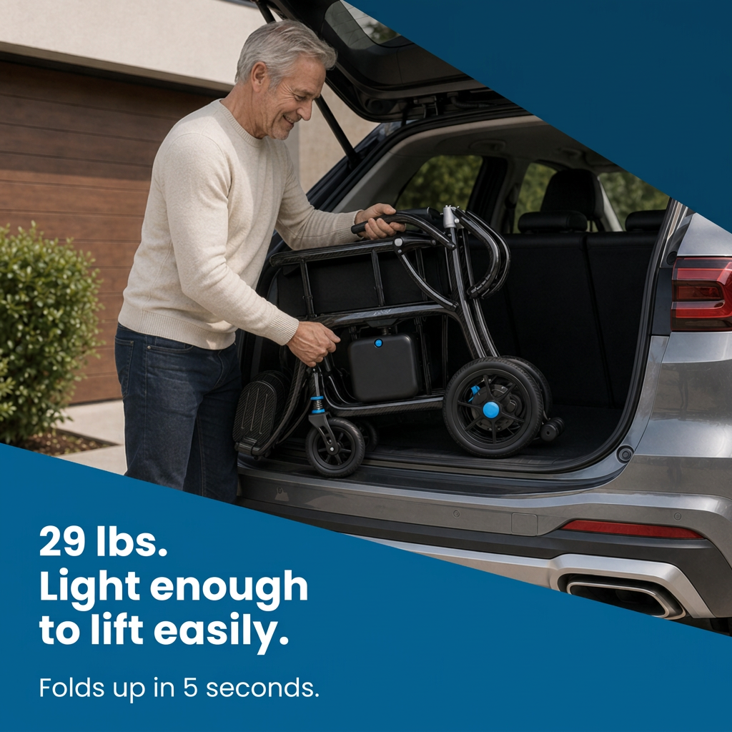 A 29 lb carbon fiber electric wheelchair being lifted into a car trunk